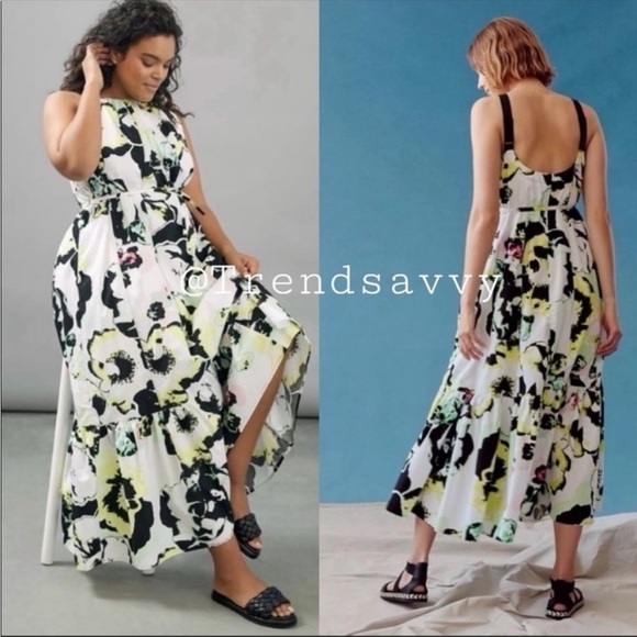 ANTHROPOLOGIE Peter Som Larissa Tiered Maxi Dress Belt Pullover Black Size M NWT - Picture 1 of 8